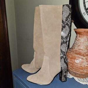 Anne Klein Nilise Tan Suede Snake Skin Knee High Tall Shaft Dress Boots Size 7